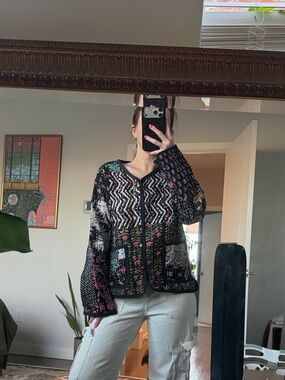 Black Multicolor Patterned Knit Cardigan - Women